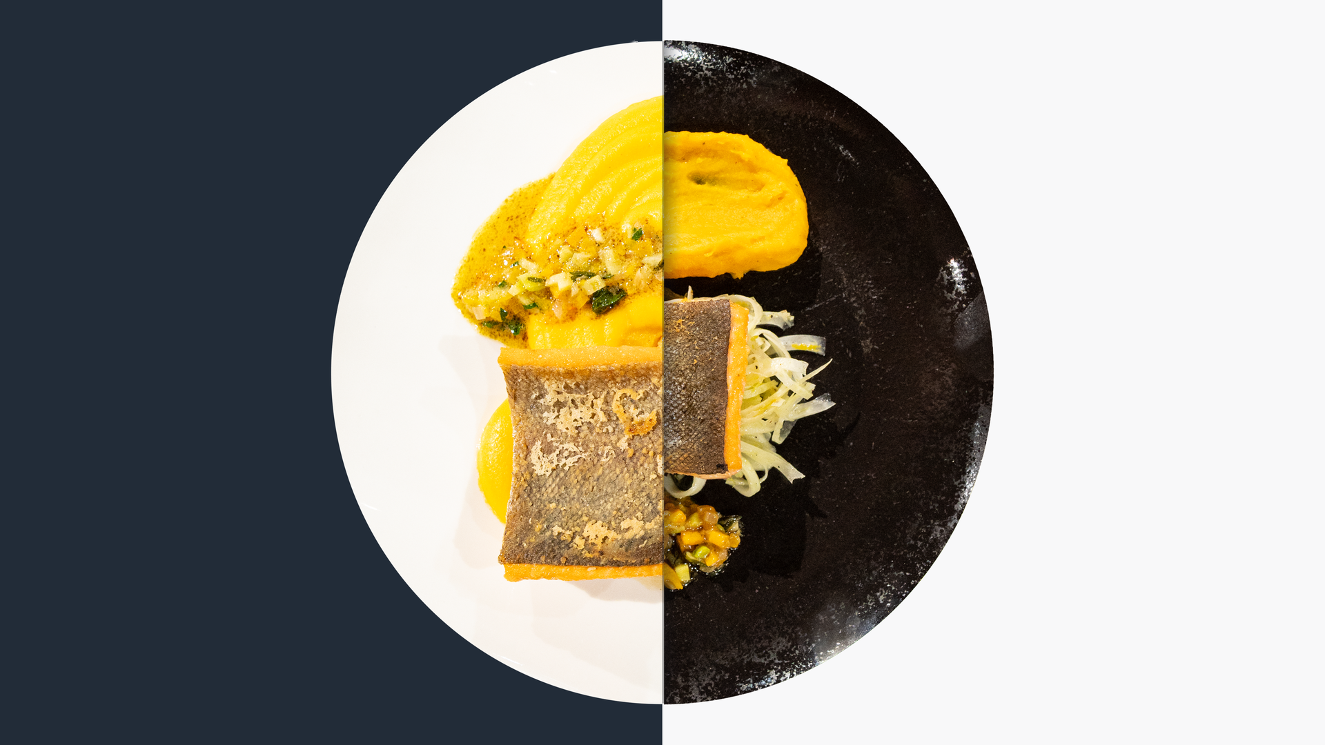 Auf der Haut gebratene Lachsforelle mit Kürbis-Ingwer-Püree, sautiertem Spinat, Fenchel-Salat und Kürbis-Sellerie-Vinaigrette