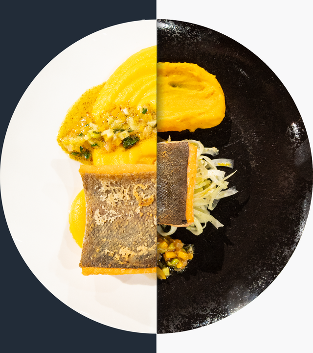 Auf der Haut gebratene Lachsforelle mit Kürbis-Ingwer-Püree, sautiertem Spinat, Fenchel-Salat und Kürbis-Sellerie-Vinaigrette