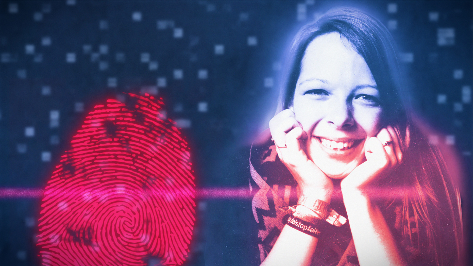 Junge Frau schaut in die Kamera und lächelt. Sie hat ihren Kopf auf den beiden Handballen abgelegt. Links daneben: Lichtschematische Darstellung eines Fingerabdrucks.