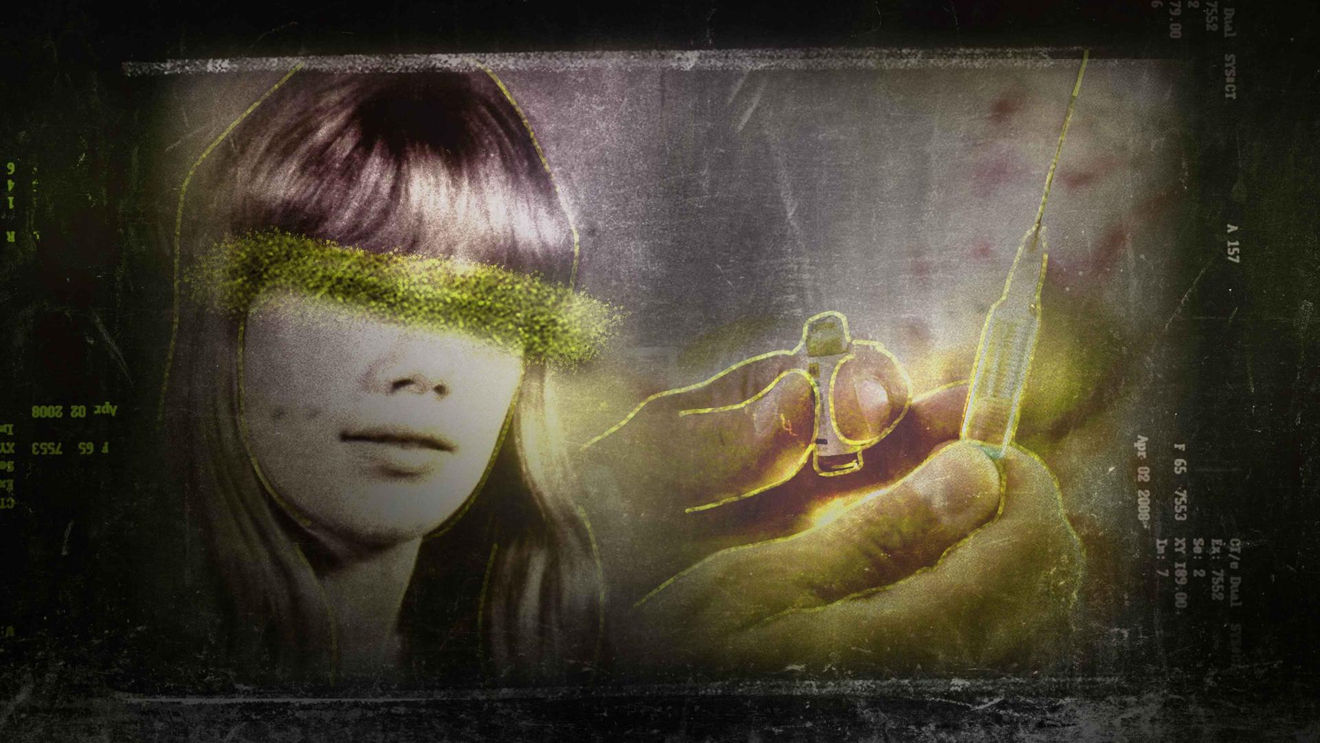 Der Kopf einer Frau mit unkenntlich gemachten Augen, im Hintergrund Hände, die Spritzen in der Hand halten