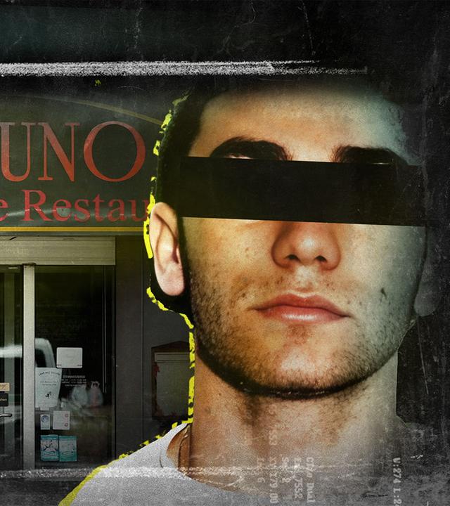 Montage eines Portraitfotos von Giovanni Strangio mit geschwärzter Augenpartie vor einem Foto des Restaurants "Da Bruno".