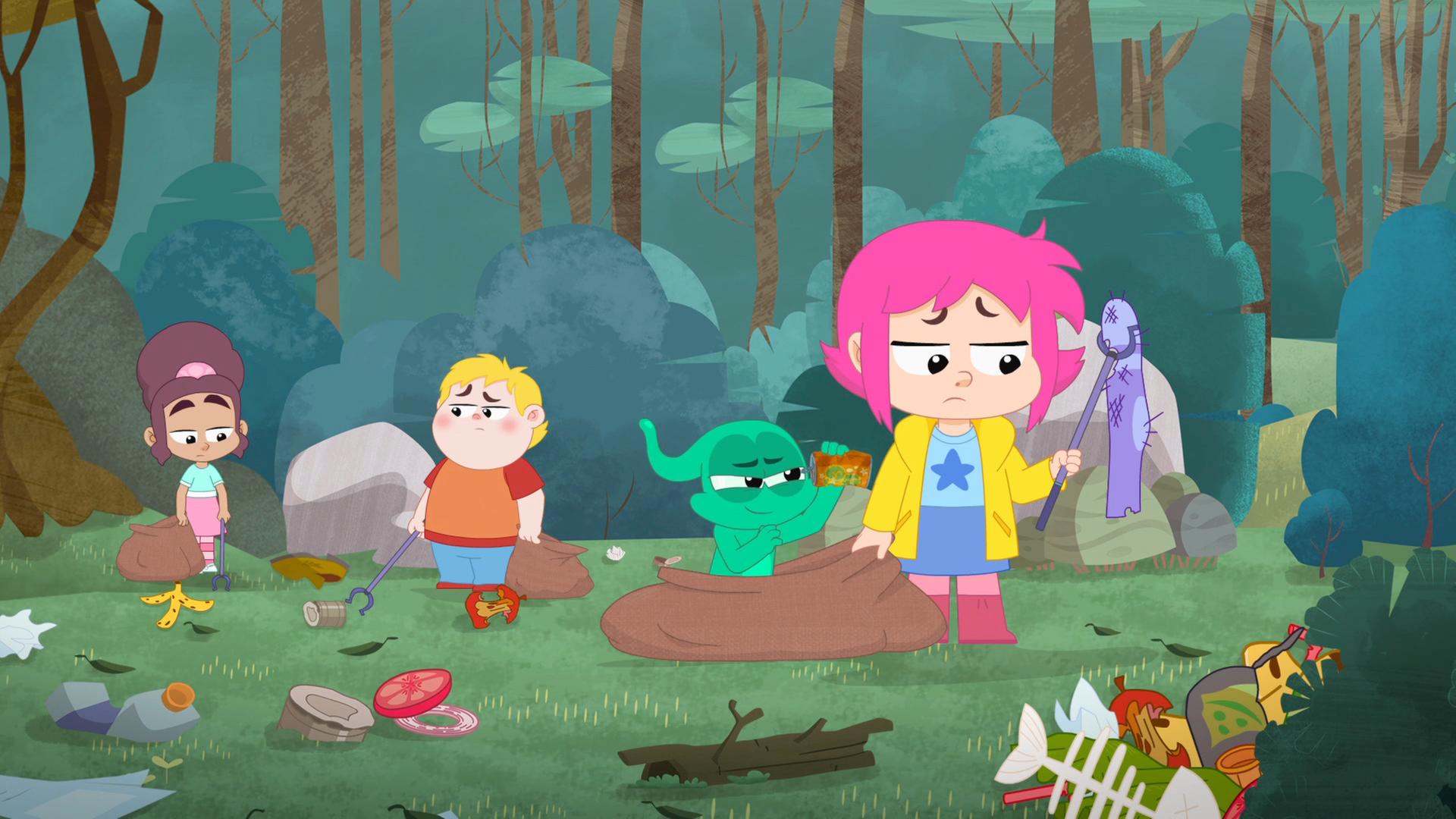 Rebecca, Nadine und Francois stehen im Wald, der voller Müll ist. Sie alle haben einen Müllsack und eine Zange in der Hand und schauen missmutig.