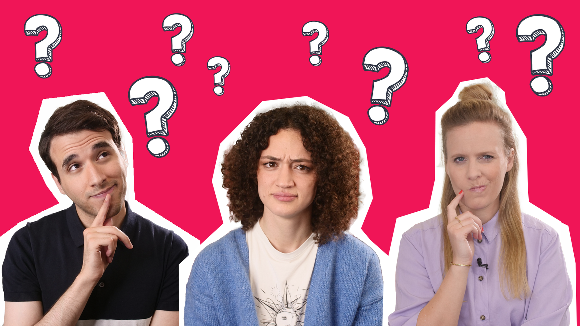 Fragen an logo! - Moderatoren Sherif, Maral und Linda mit Fragezeichen