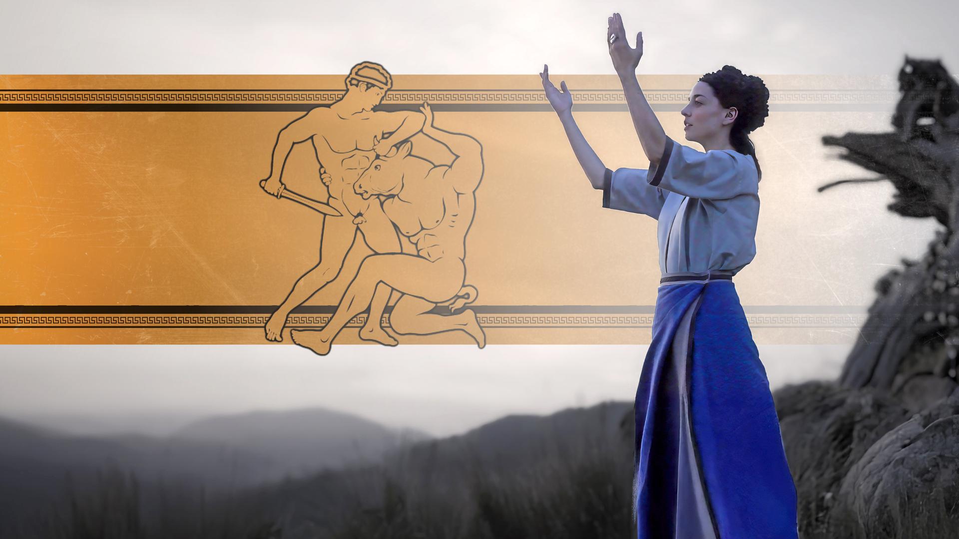 Rechts im Bild eine minoische Priesterin bei einem Ritual, im Hintergrund im Stile einer antiken Zeichnung ein Soldat, der mit einem Minotaurus kämpft.