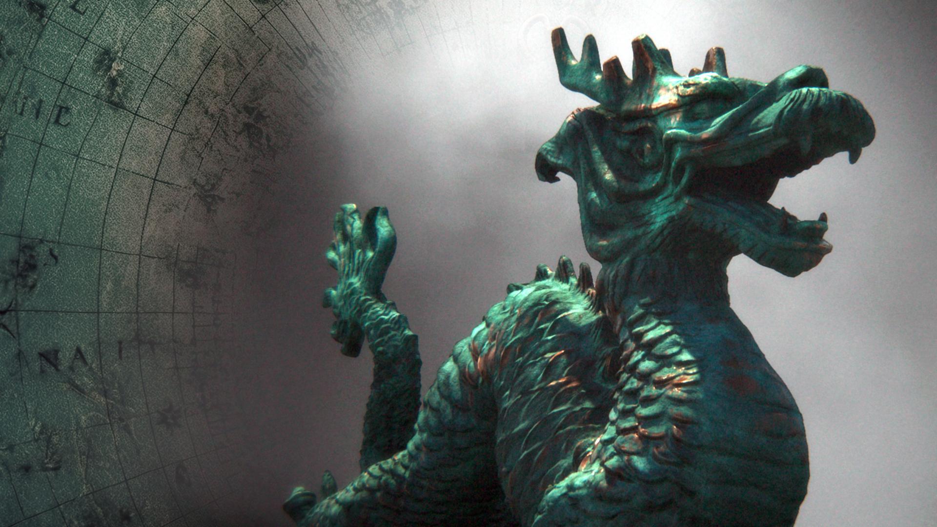 Montage: Eine Drachenfigur steht vor einem nebligen Hintergrund, daneben ist eine alte Weltkarte angedeutet.