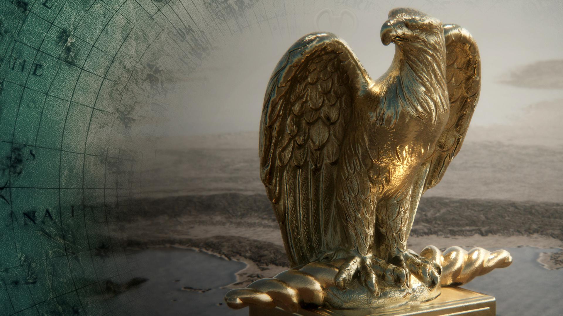 Montage: Eine Adler-Statue steht auf einer Landkarte, daneben ist eine alte Weltkarte angedeutet.