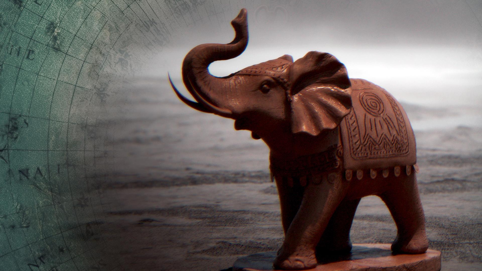 Montage: Eine Elefantenstatue steht auf einer Landkarte, daneben ist eine alte Weltkarte angedeutet.