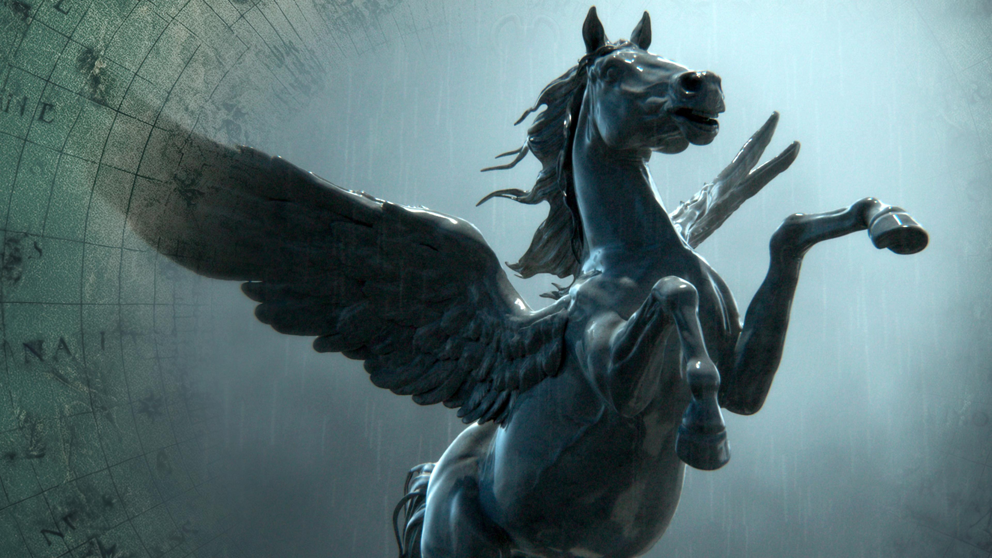 Montage: Eine Pegasus-Statue steht vor einem nebligen Hintergrund, daneben ist eine alte Weltkarte angedeutet.