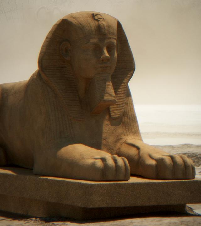Montage: Ein Modell der Sphinx steht auf einer Landkarte, daneben ist eine alte Weltkarte angedeutet.