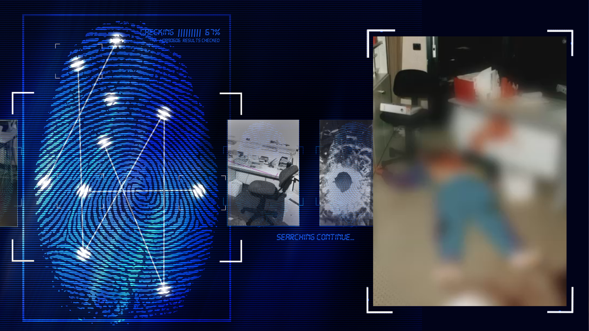 Leiche liegt in einem durchwühlten Büroraum am Boden. Sie wurde im Bild technisch verfremdet. Es ist Blut zu erkennen. Im Hintergrund steht ein Schreibtischstuhl, auf dem Schreibtisch Akten. Links daneben: Lichtschematische Darstellung eines Fingerabdrucks.