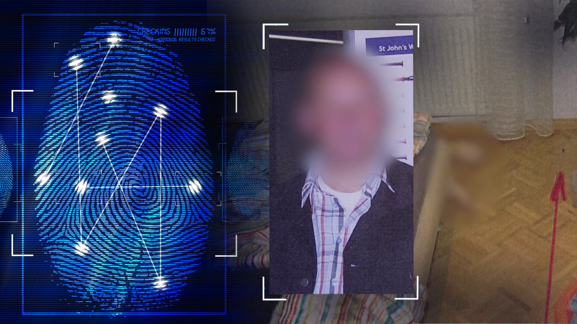 Portraitfoto des Opfers. Das Gesicht wurde technisch verfremdet. Im Hintergrund: Tatortbild. Leiche liegt in einem Schlafzimmer am Boden hinter einem Bett. Es sind nur die Füße zu erkennen - sie wurden technisch verfremdet. Links daneben: Lichtschematische Darstellung eines Fingerabdrucks.