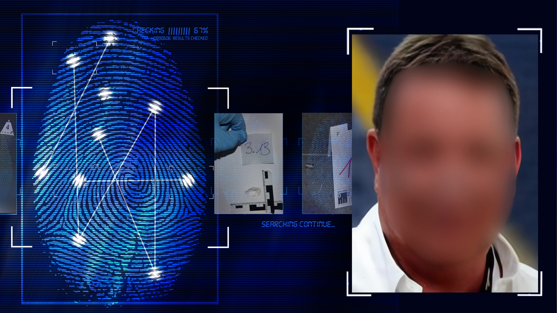 Portraitfoto eines ca. 40 Jahre alten Mannes mit kurzen brauen Haaren. Er blickt Richtungs Kamera, allerdings wurde sein Gesicht technisch verfremdet. Er trägt ein Hemd mit weißem Kragen. Links daneben: Lichtschematische Darstellung eines Fingerabdrucks.