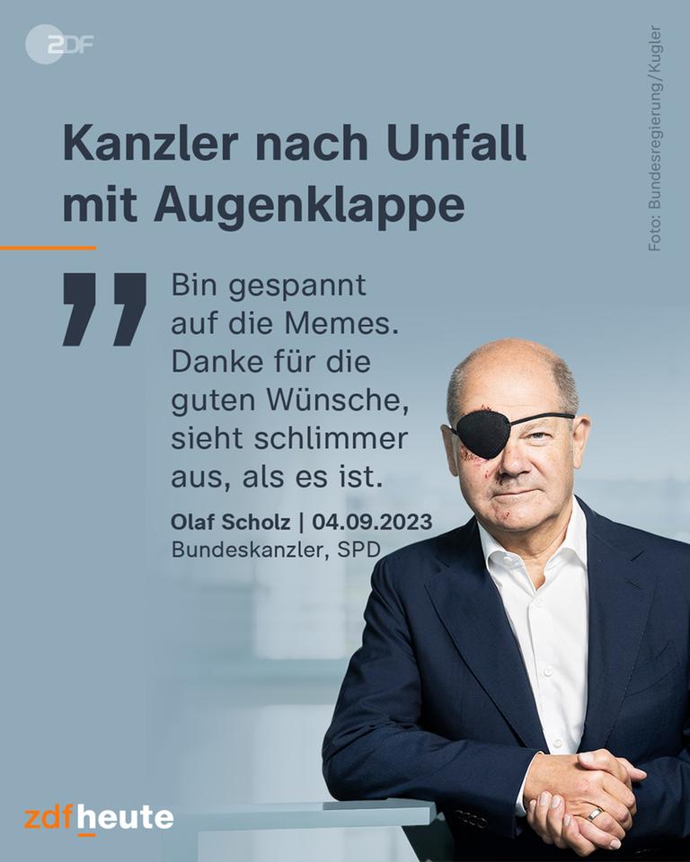 Bundeskanzler Scholz mit einer Augenklappe und einem Zitat.