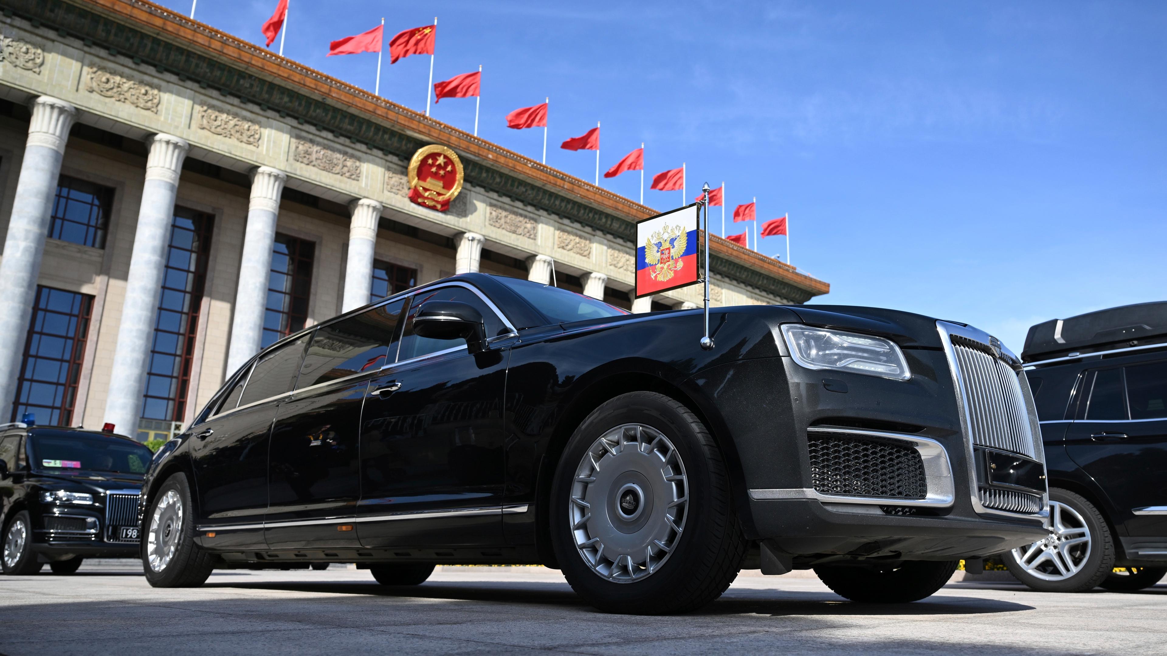 Russian President Vladimir Putin's Aurus Senat car parked at the Great Hall of the People, Chinese parliament building during the Belt and Road Forum in Beijing, China, on Wednesday, Oct. 18, 2023.