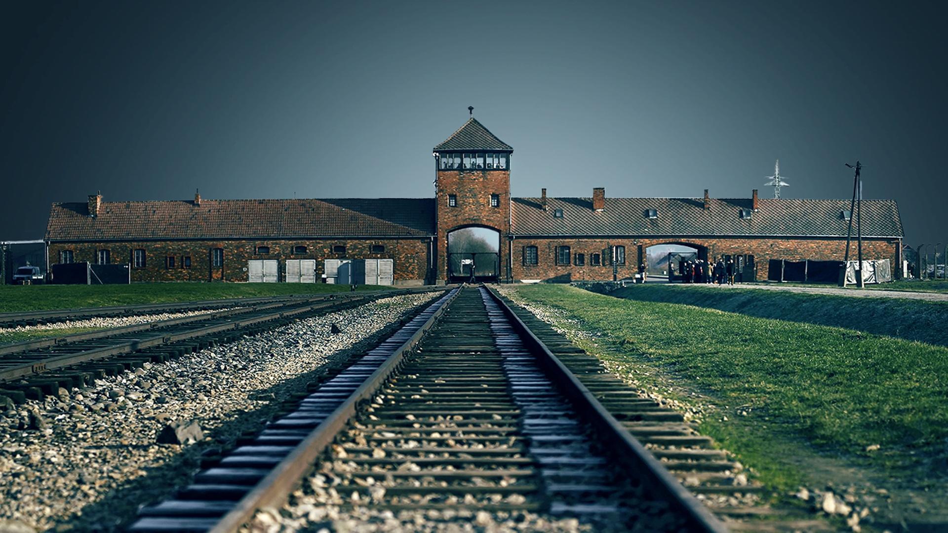 Schienen, die zum Eingang des Lagers Auschwitz führen