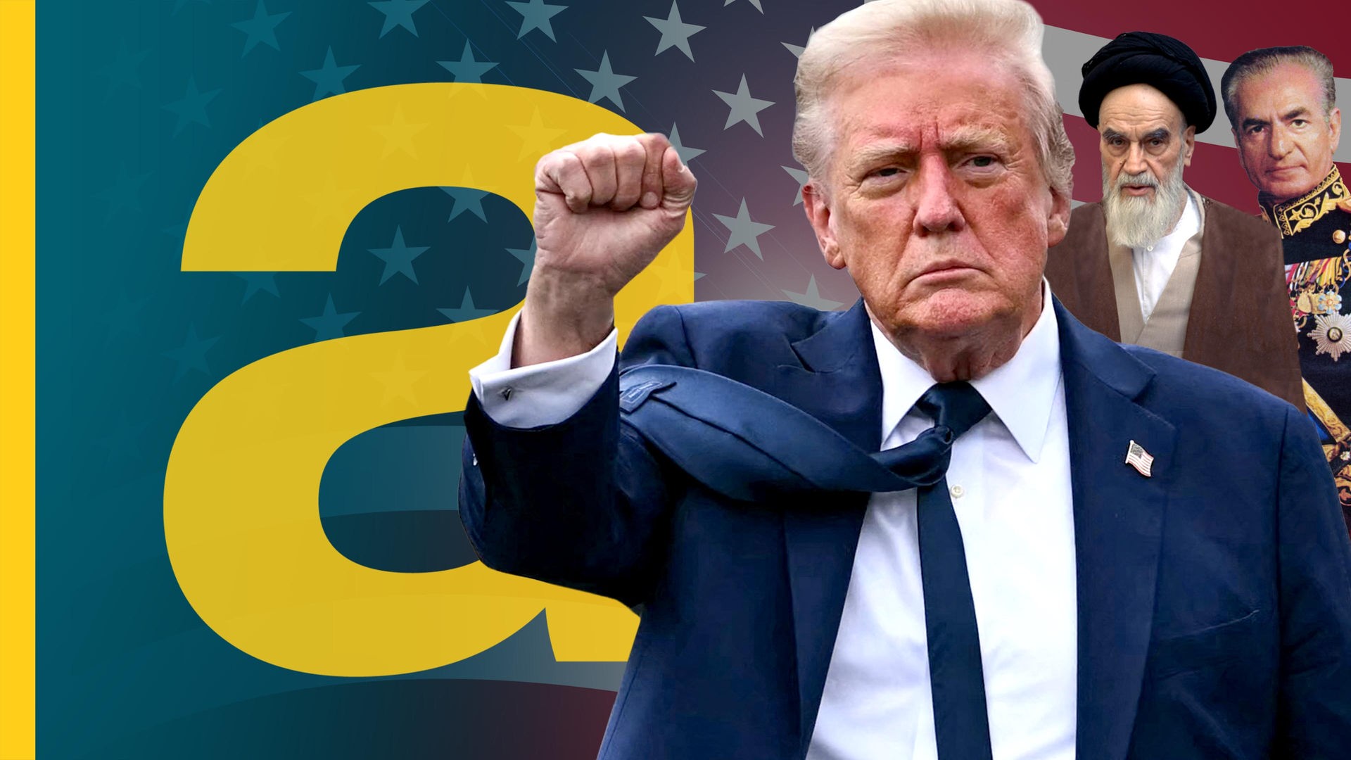 Donald Trump, Ruhollah Khomeini mit der US-Flagge im Hintergrund