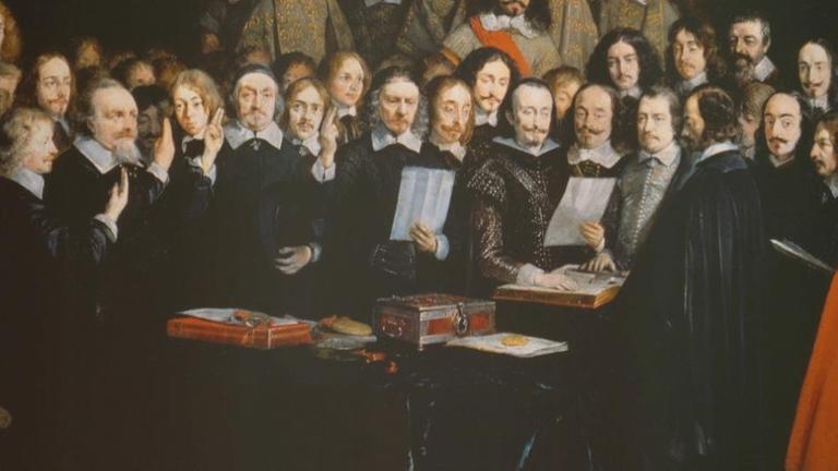 Ausschnitt eines historischen Gemäldes, das die Verhandlungen bis zum Westfälischen Frieden zeigt.