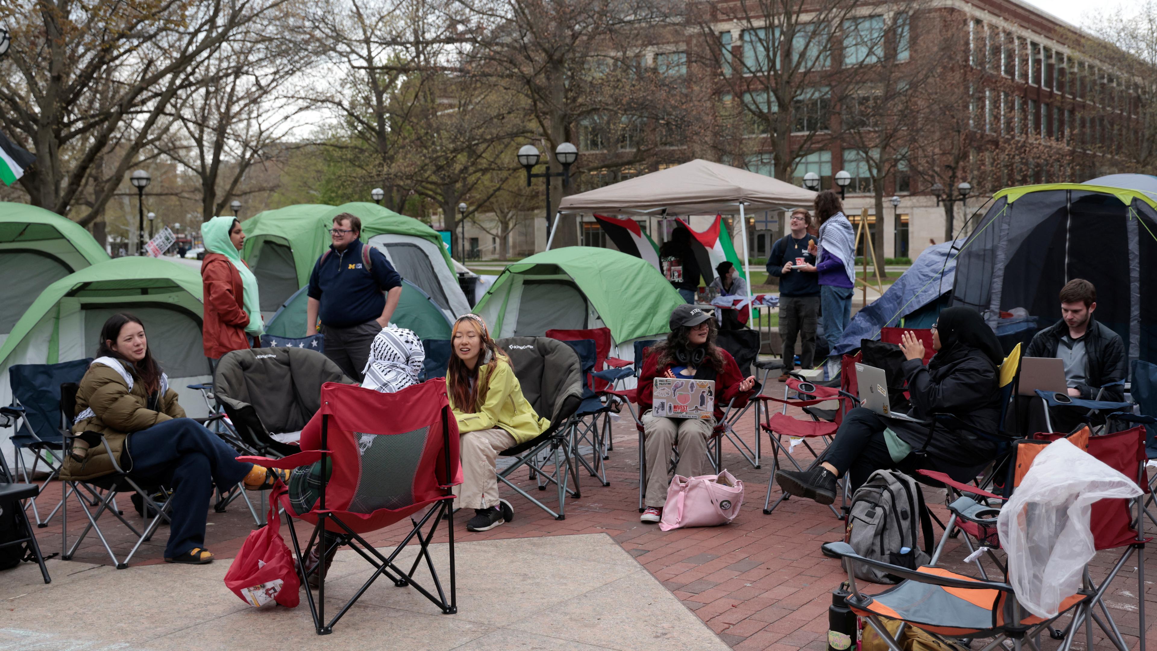 A coalition of University of Michigan students camp in the Diag to pressure the university to divest its endowment from companies that support Israel or could profit from the ongoing conflict between Israel and the Palestinian Islamist group Hamas, on the University of Michigan college campus