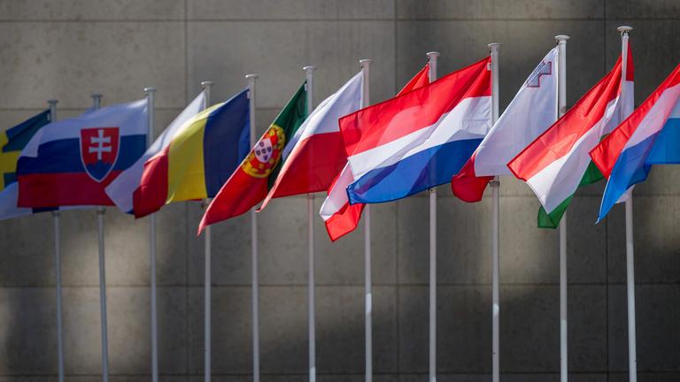Flaggen europäischer Länder wehen im Wind