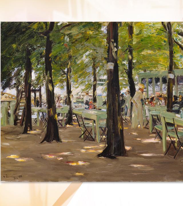 Man sieht das impressionistische Gemälde eines Biergartens.