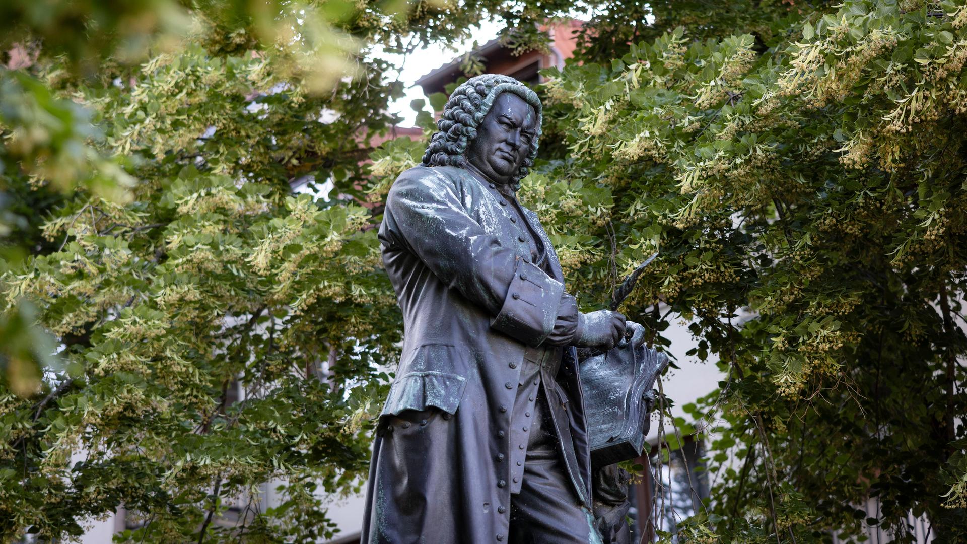 Statue des Komponisten Johann Sebastian Bach - man sieht die Skulptur eines Mannes in historischem Gehrock vor grünen Bäumen vor einem Gebäude.