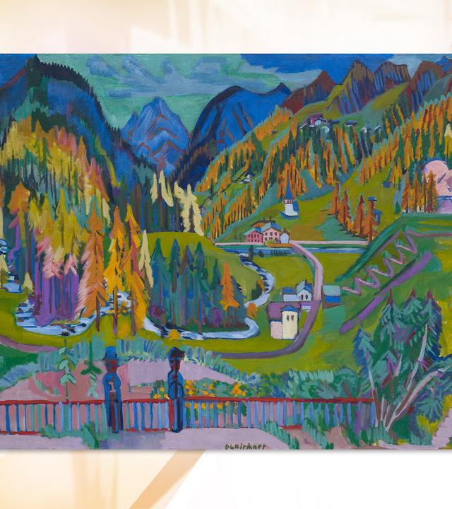 Man sieht ein buntes, expressionistisches Gemälde einer Alpenlandschaft.