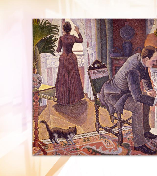Man sieht ein neoimpressionistisches Gemälde, auf dem eine Frau und ein Mann, gekleidet nach der Mode des 19. Jahrhunderts, sowie eine Katze in einem Wohnzimmer zu sehen sind.