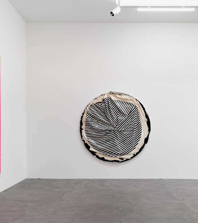 In einem Ausstellungsraum hängen pinkfarbene und schwarz-weiße Objekte an den Wänden.