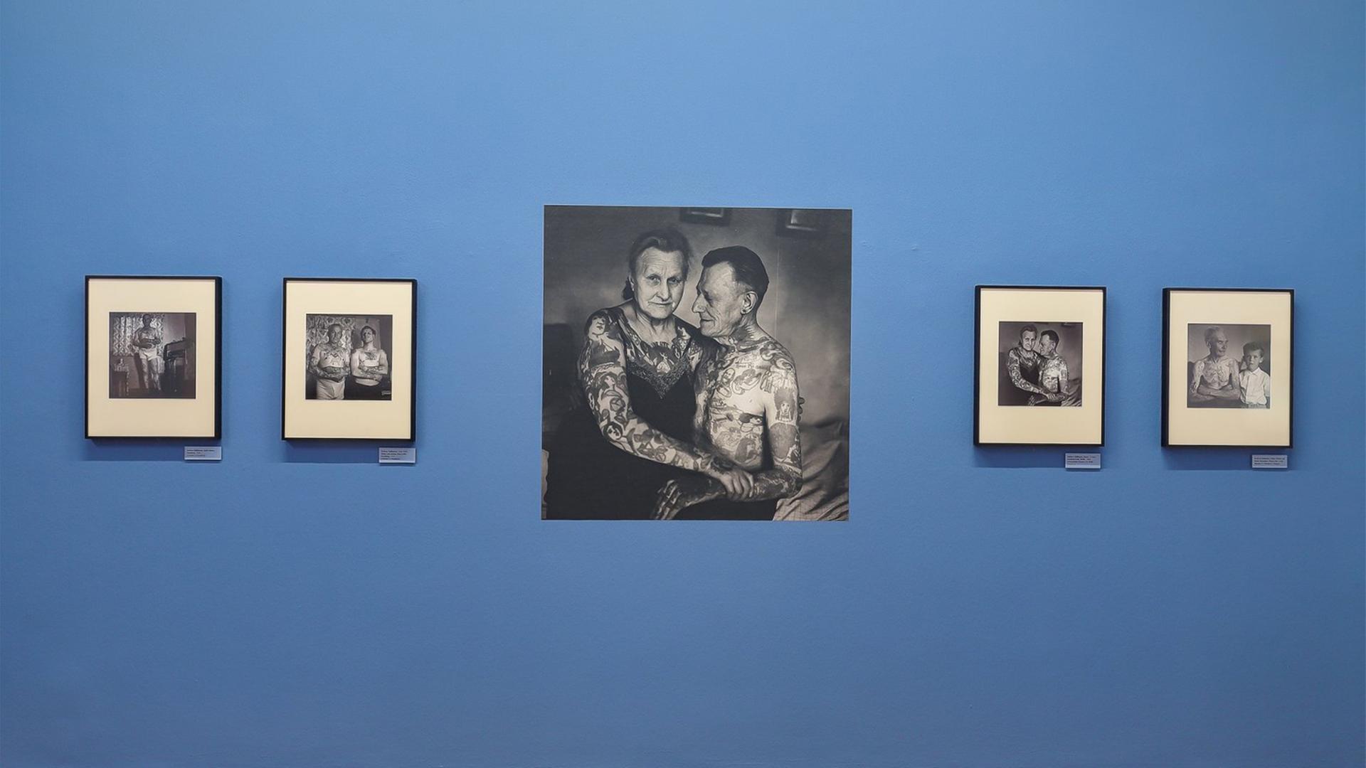 In einem Ausstellungsraum sieht man Schwarz-Weiß-Fotografien an einer blauen Wand. Die Fotografien zeigen tätowierte Menschen.