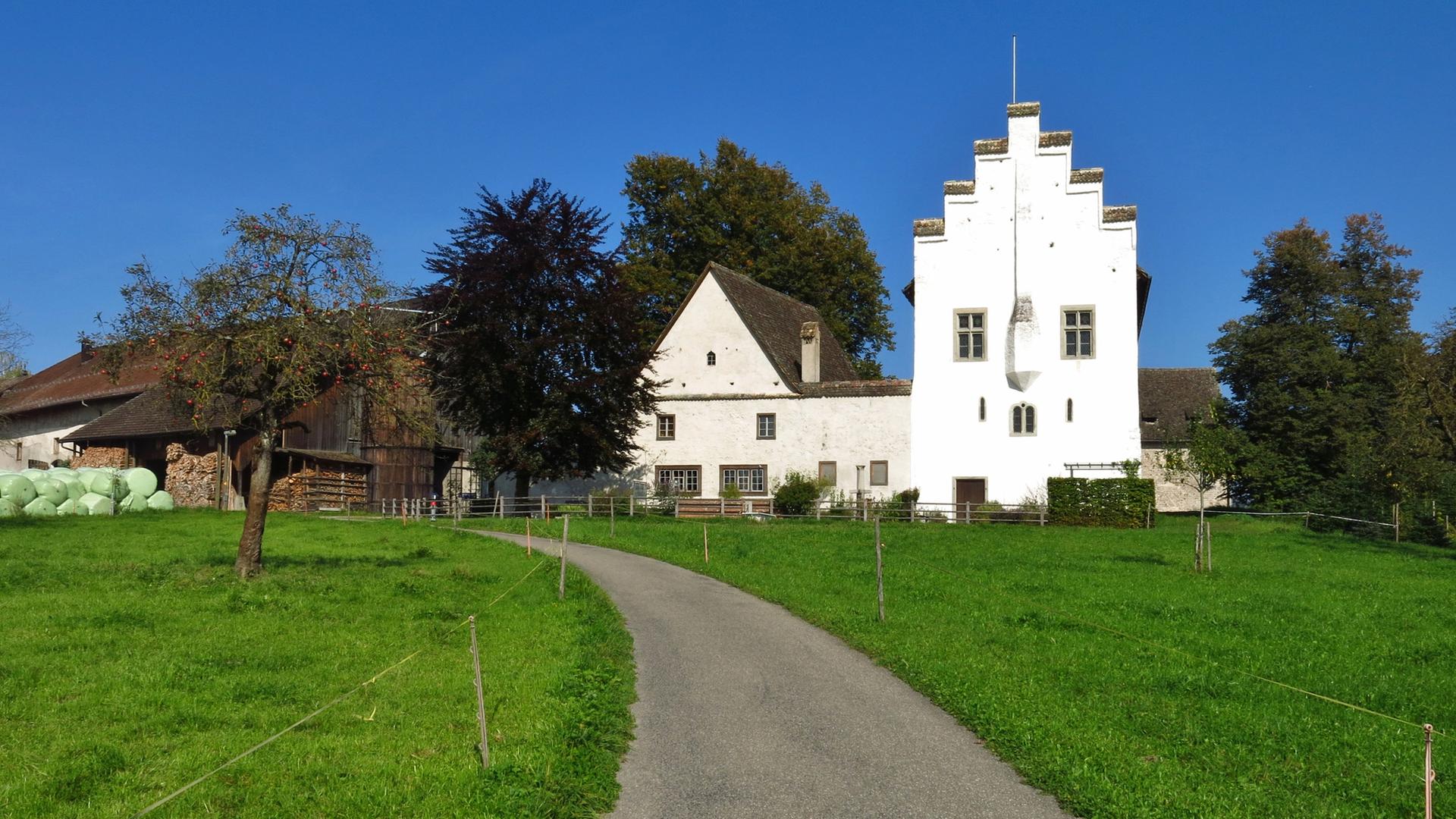 Man sieht ein historisches Gebäude in grüner Landschaft.