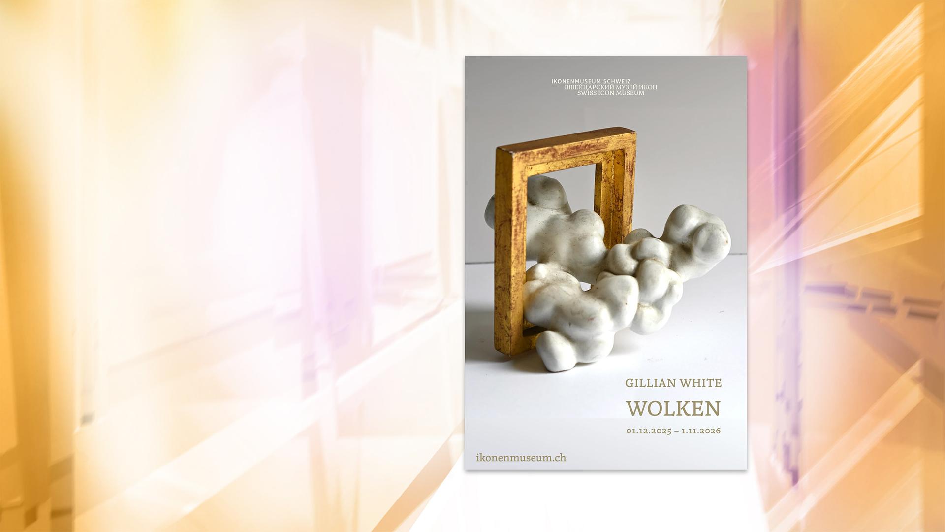 Auf einem Ausstellungsplakat sieht man eine Wolkenskulptur in einem Bilderrahmen.