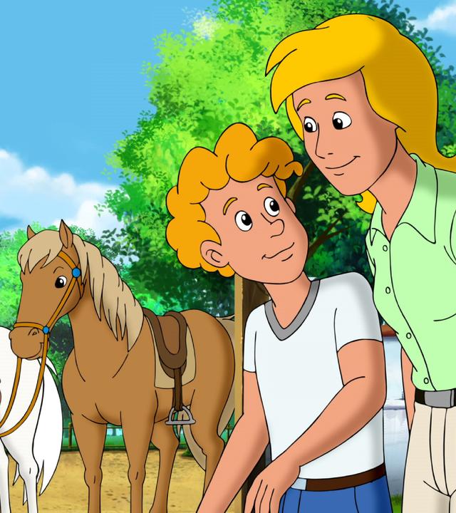 Austauschschüler Jim wird von Susanne betreut. Bibi und Tina stehen mit ihren Pferden im Hintergrund und beobachten die beiden.