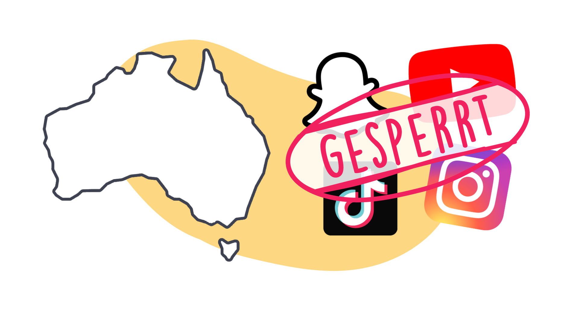 Das Logo von Snapchat, YouTube, TikTok und Instagram und darauf steht "gesperrt" sowie den Umriss von Australien.