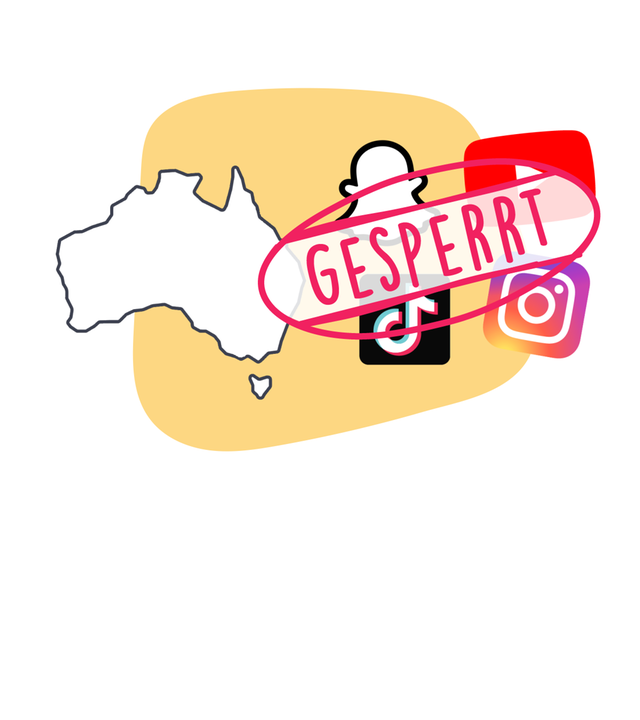 Das Logo von Snapchat, YouTube, TikTok und Instagram und darauf steht "gesperrt" sowie den Umriss von Australien.