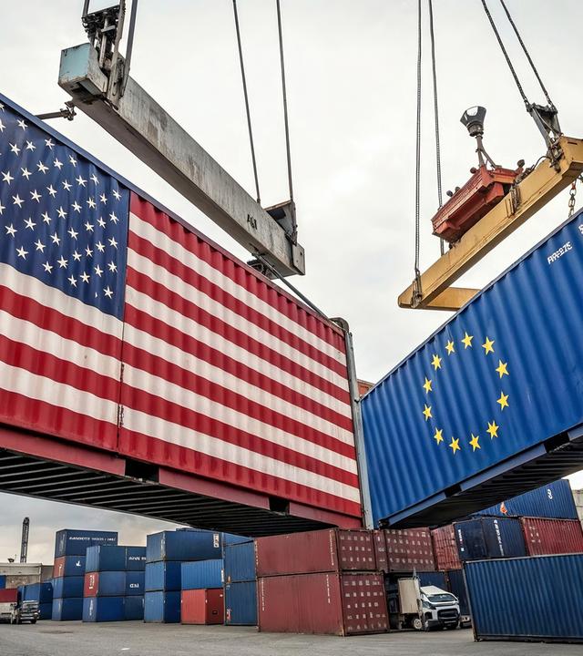 Container mit Amerika Flagge gegenüber Container mit EU-Flagge