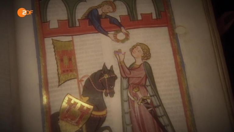 Auszug aus einem historischen Buch über Minne, bei dem zwei Liebende zu sehen sind. Die Frau reicht dem Mann einen Kranz vom Balkon herunter.