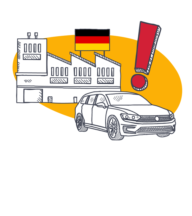 Ein Collage zeigt eine Fabrik mit Deutschlandflagge, vor gelbem Hintergrund, daneben ein E-Auto und ein rotes Ausrufezeichen.