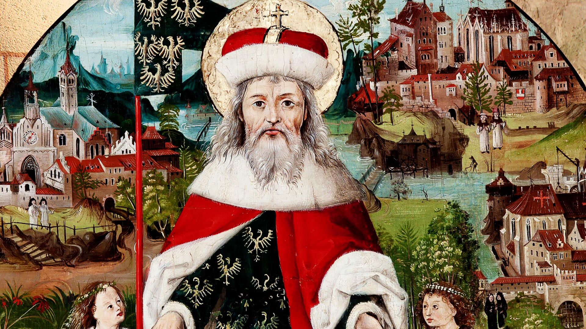 Ein gemaltes Bild einer Herrschers im purpurrotem Mantel.