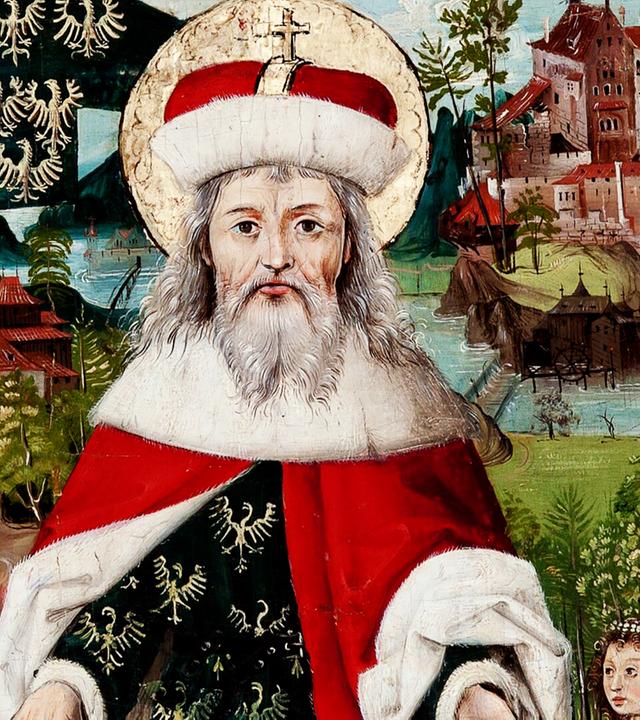 Ein gemaltes Bild einer Herrschers im purpurrotem Mantel.