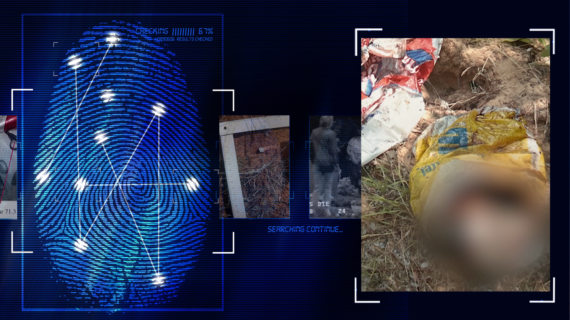 Foto aus der Polizeiakte zeigt Auffindesituation der Leiche: Eine Einkaufstüte mit einem Babykörper darin. Das Bild wurde technisch verfremdet. Links daneben: Lichtschematische Darstellung eines Fingerabdrucks.