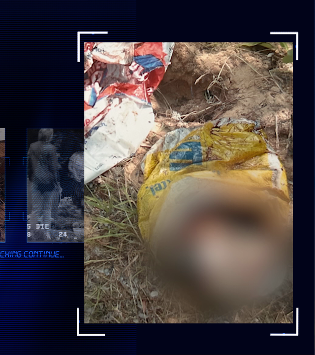 Foto aus der Polizeiakte zeigt Auffindesituation der Leiche: Eine Einkaufstüte mit einem Babykörper darin. Das Bild wurde technisch verfremdet. Links daneben: Lichtschematische Darstellung eines Fingerabdrucks.