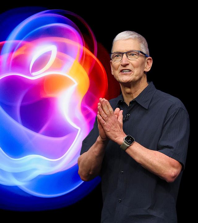 Apple CEO Tim Cook vor schwarzem Huintergrund und buntem Apple-Symbol 