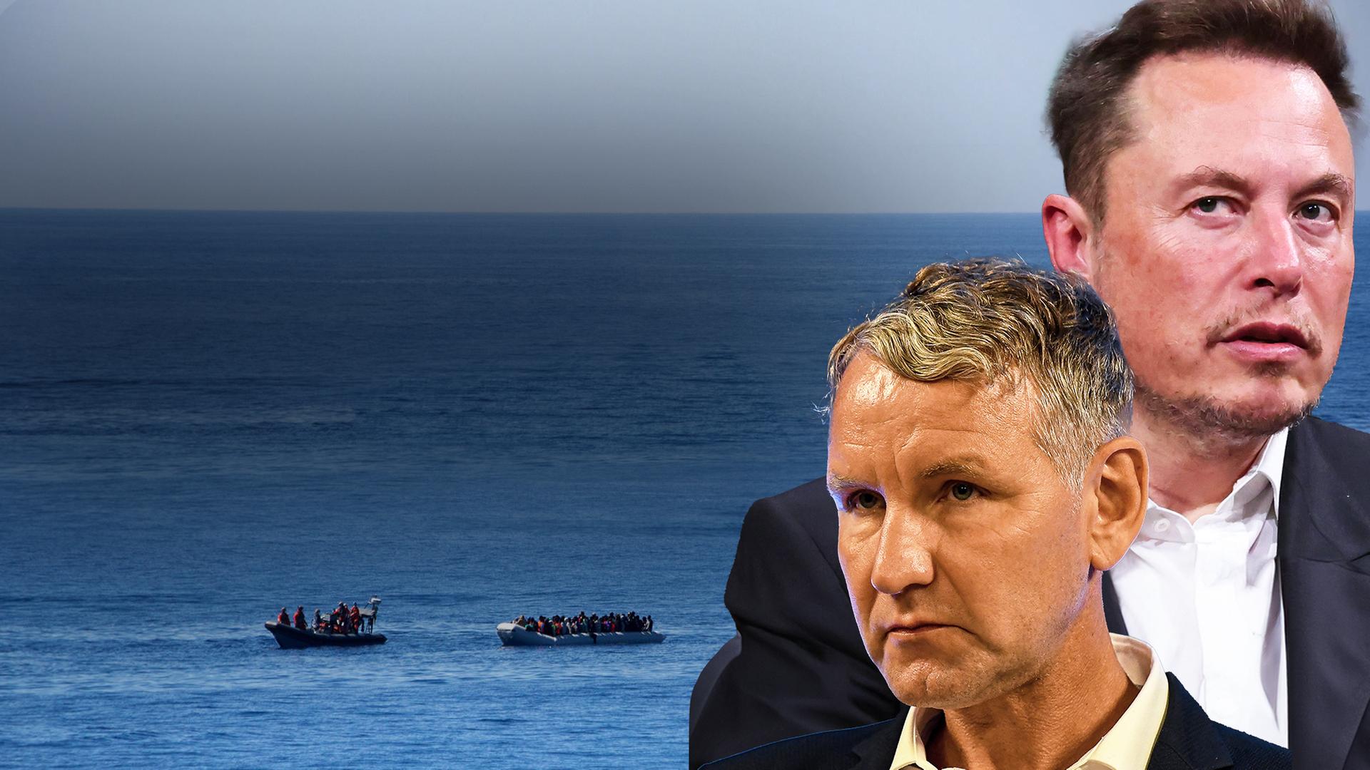 Bjoern Hoecke und Elon Musk rechts im Bild, Flüchtlingsboote auf dem Meer im Hintergrund