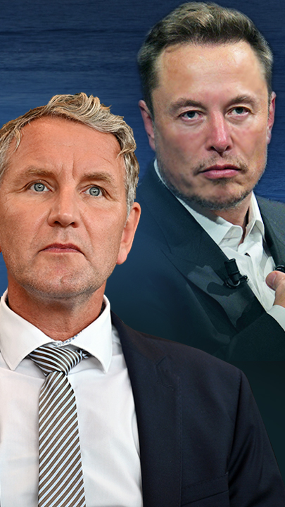 Bjoern Hoecke und Elon Musk rechts im Bild, Flüchtlingsboote auf dem Meer im Hintergrund