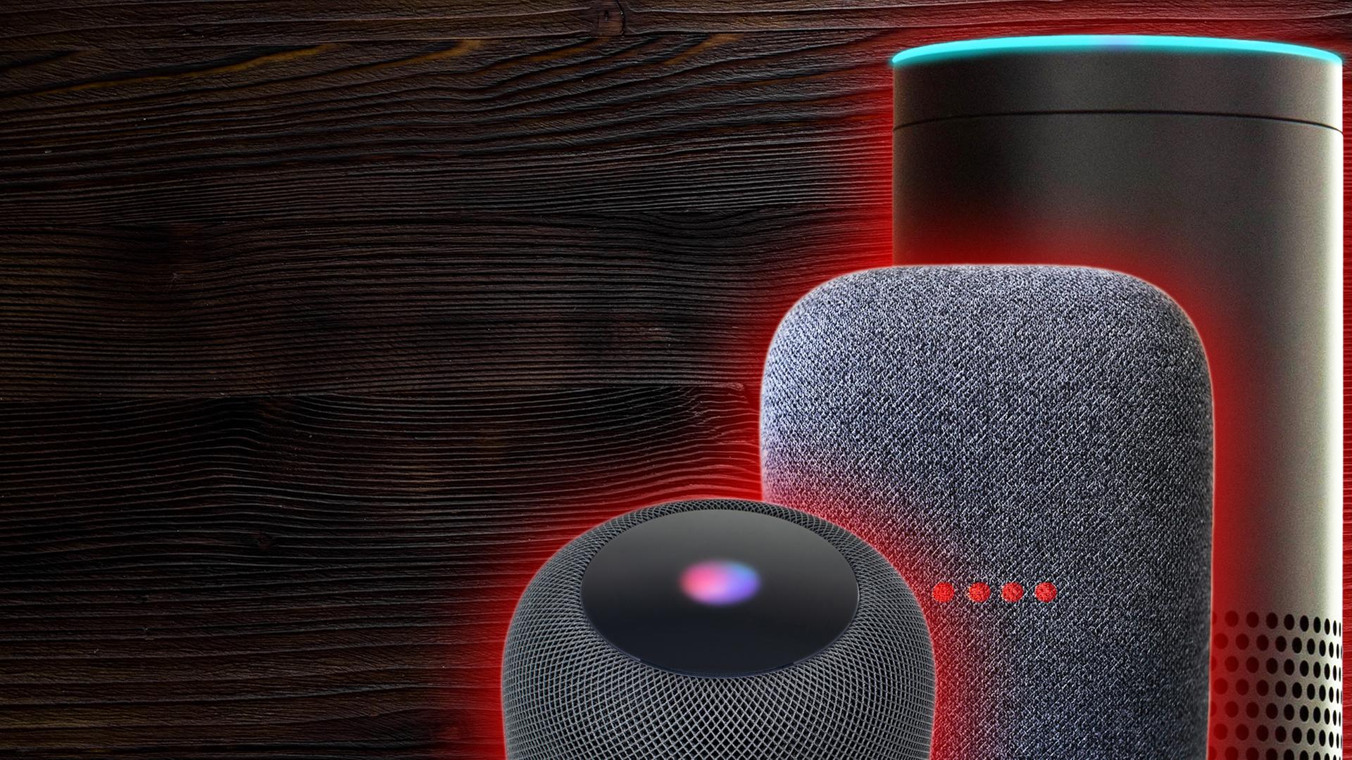 Auf dem Bild sind drei Smart Speaker hintereinander abgebildet, davon unter anderem Alexa. 