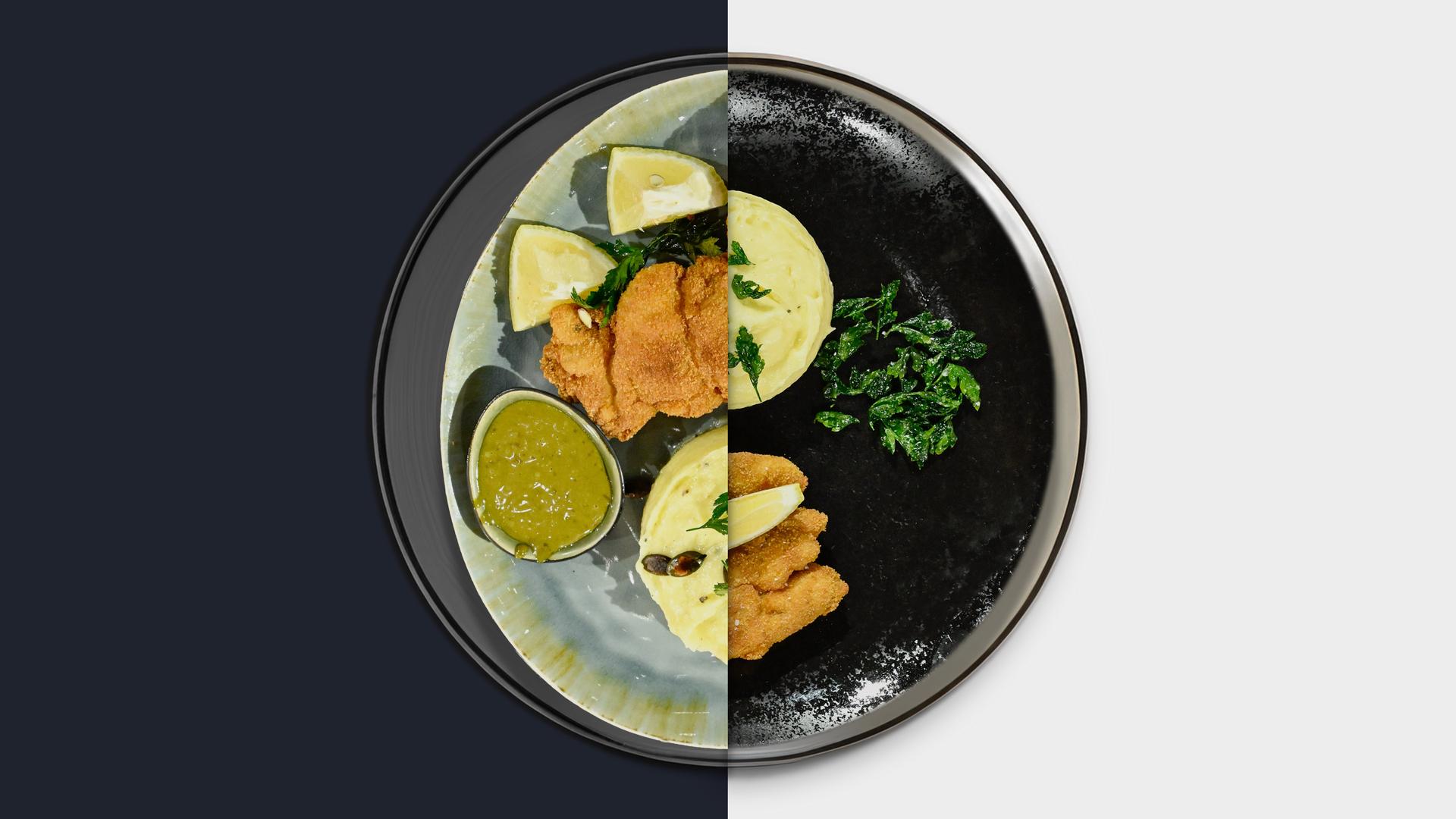 Backhendl vom Landhuhn mit frittierter Petersilie, Kartoffelpüree, Rettichsalat und Kürbiskernöl-Mayonnaise