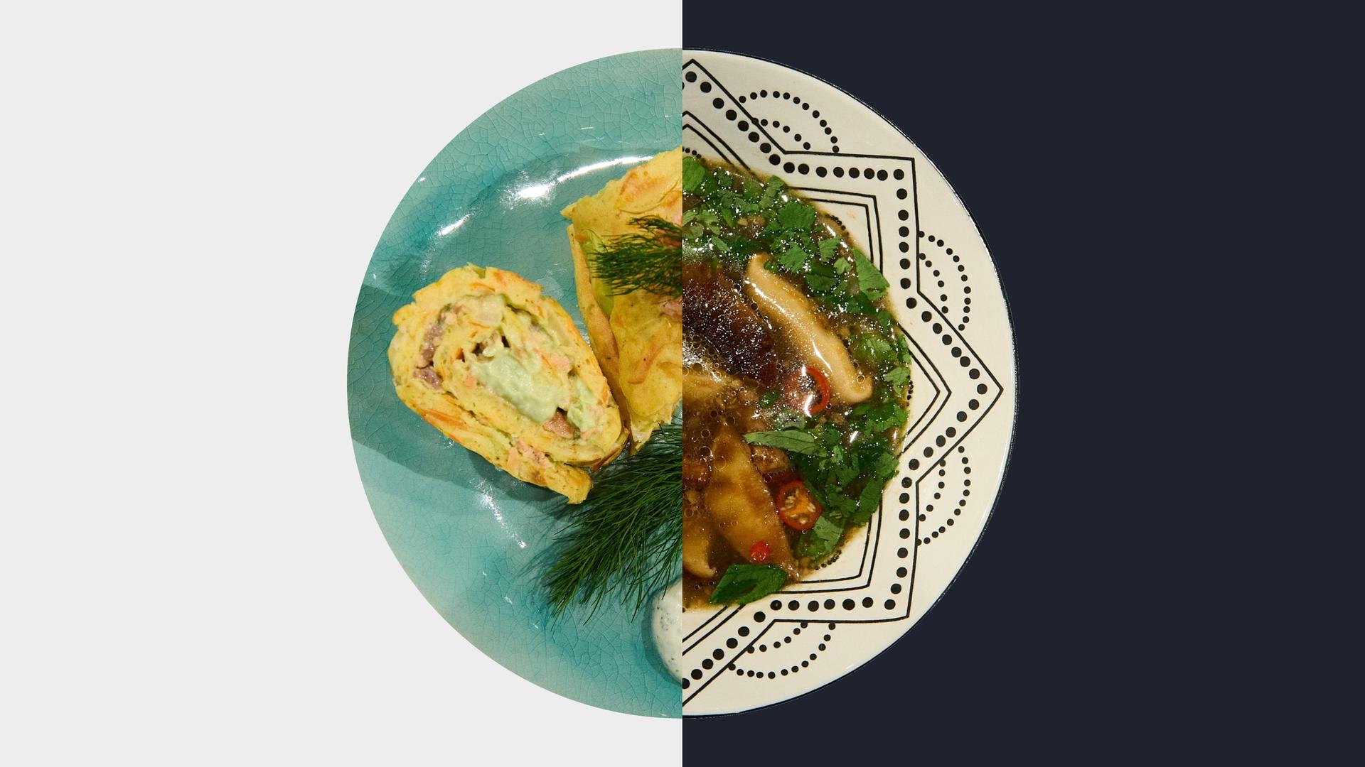 Backofen-Omelette-Wrap vs. Shiitake-Phở