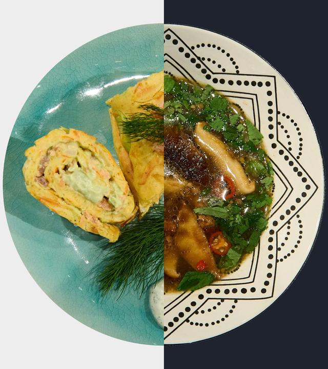 Backofen-Omelette-Wrap vs. Shiitake-Phở