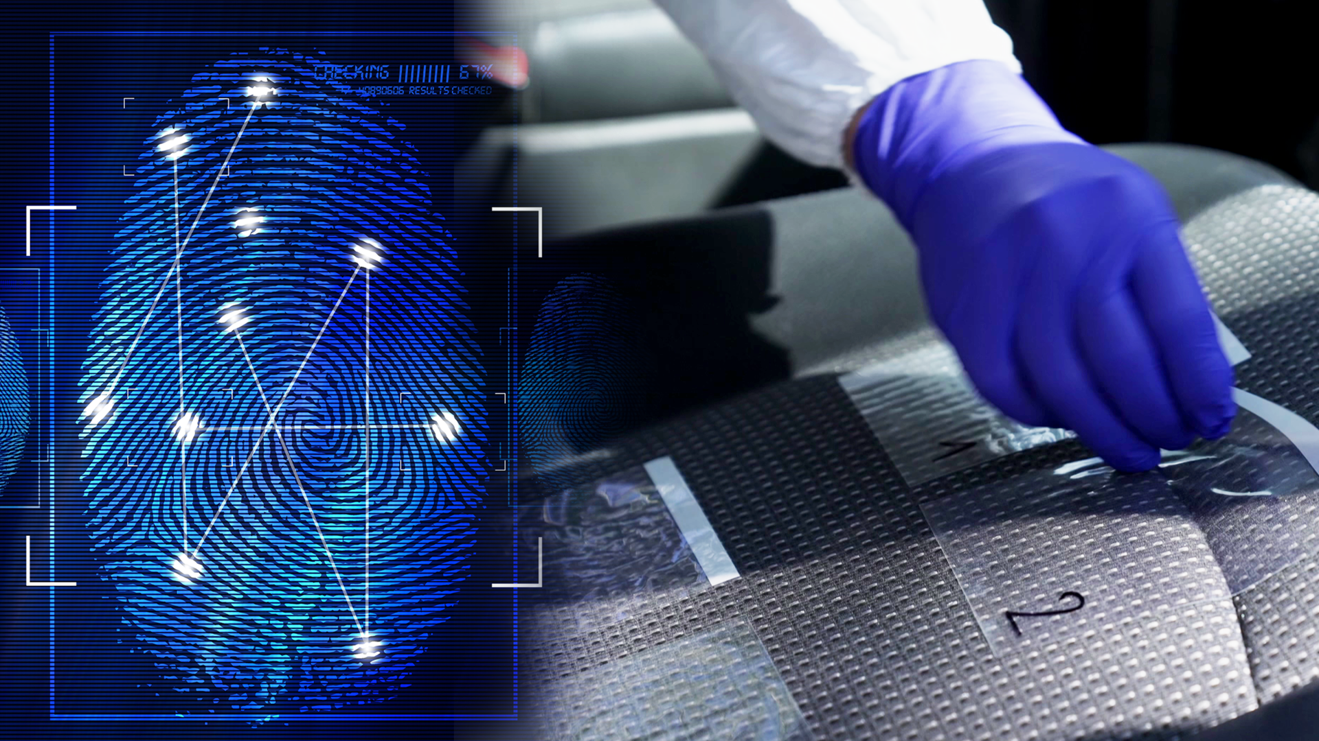 Hand mit Einmalhandschuh bekleidet klebt Klebestreifen auf einen Autositz. Spurensicherung. Der Klebestreifen trägt die mit schwarzem Edding aufgetragene Ziffer 2. Links daneben: Lichtschematische Darstellung eines Fingerabdrucks.