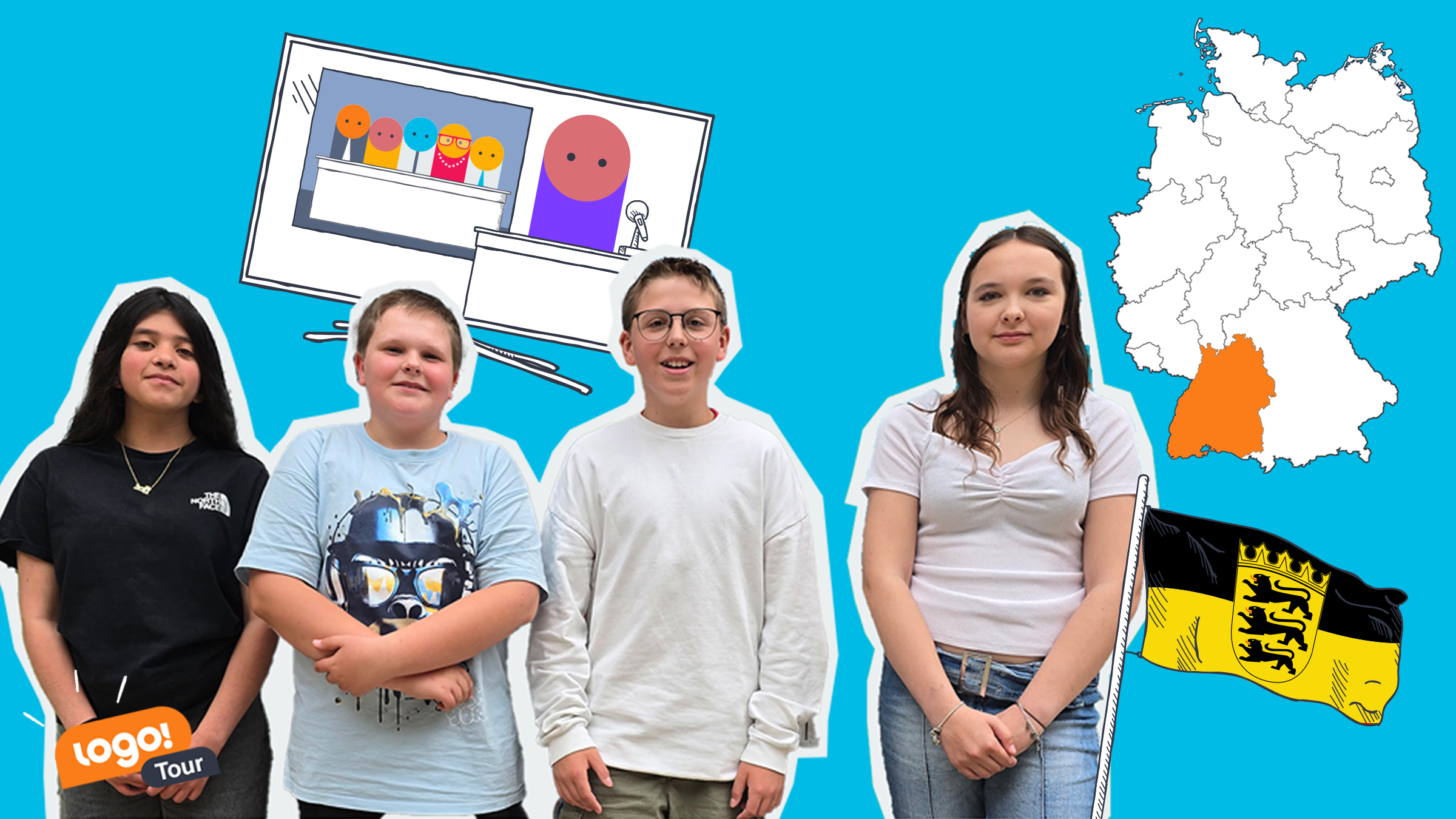 Baden-Württemberg Karte, Kinder, Flagge und Nachrichtensendung